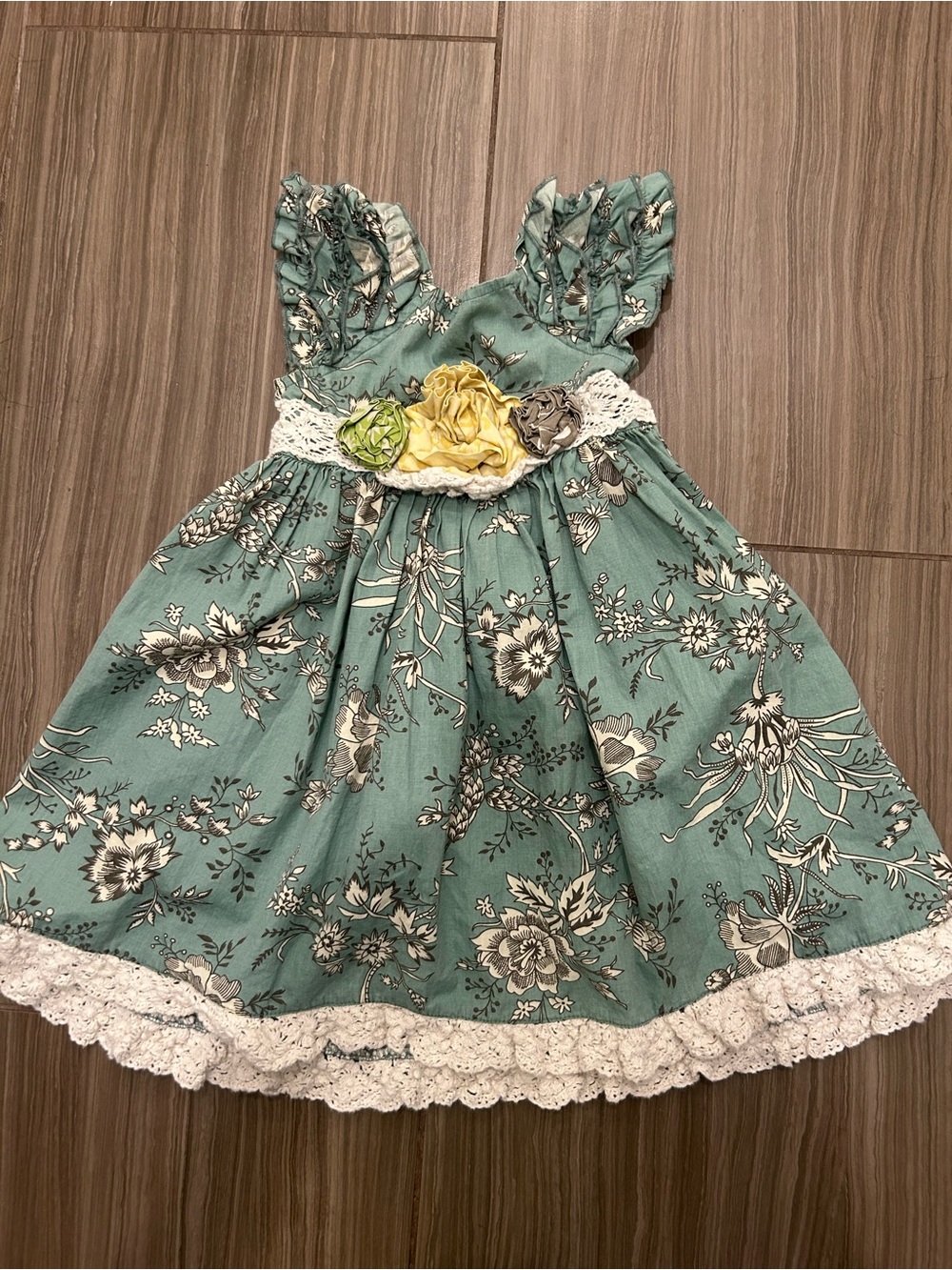 Mustard Pie Teal Floral Ruffle Dress with Lace and Flower Waist